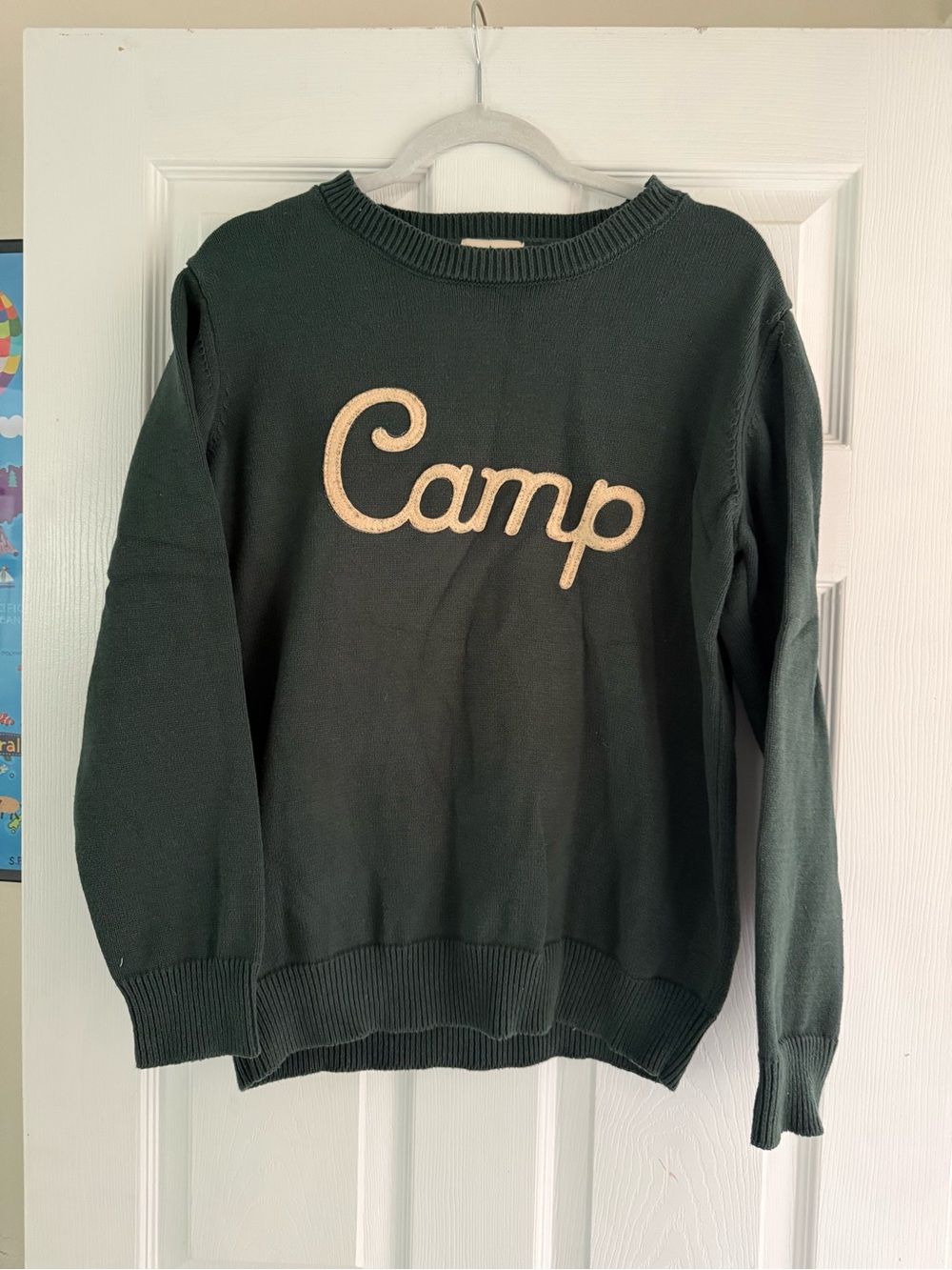 Kiel James Patrick Dark Green Crewneck Sweater with Cream 'Camp' Script